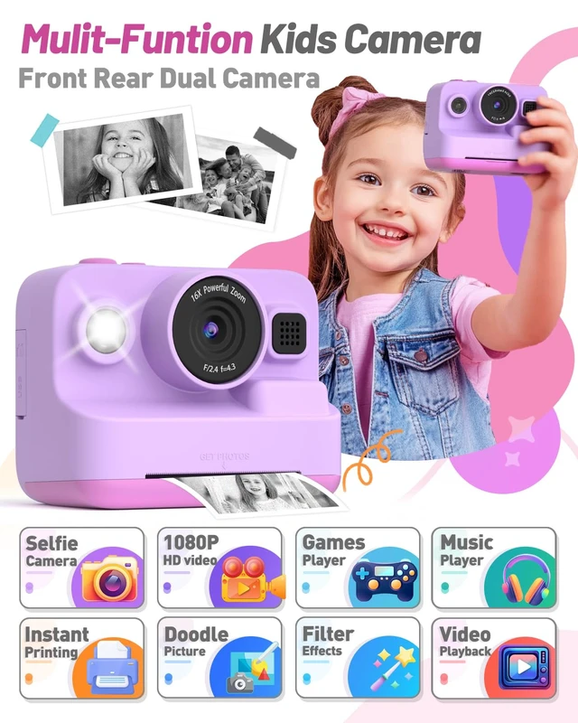 Alt view image 2 of 6 - Kids Instant Print Camera,Dual-Lens Selfie Camera for Kids, Purple Christmas Birthday Gifts Toys for 3-12 Year Old Girls, 2.4in Screen 1080P Kid Digital Camera,Girls Camera Toy for 3-12