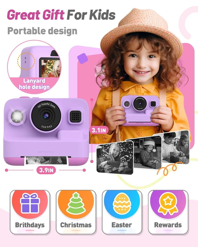 Alt view image 6 of 6 - Kids Instant Print Camera,Dual-Lens Selfie Camera for Kids, Purple Christmas Birthday Gifts Toys for 3-12 Year Old Girls, 2.4in Screen 1080P Kid Digital Camera,Girls Camera Toy for 3-12