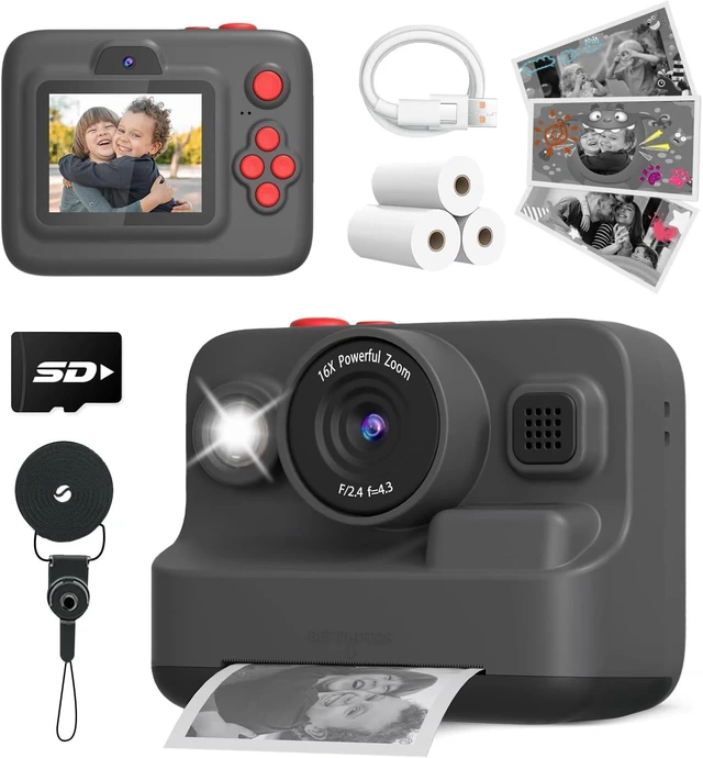 Main image of Kids Camera Instant Print, Dual-Lens Selfie Camera for Kids, Black Christmas Birthday Gifts Toys for 3-12 Year Old Boys Girls, 2.4in Screen 1080P Kid Digital Camera,Kids Camera Toy for 3-12