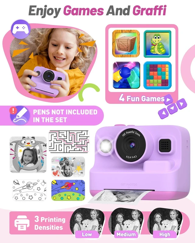 Alt view image 5 of 6 - Kids Instant Print Camera,Dual-Lens Selfie Camera for Kids, Purple Christmas Birthday Gifts Toys for 3-12 Year Old Girls, 2.4in Screen 1080P Kid Digital Camera,Girls Camera Toy for 3-12