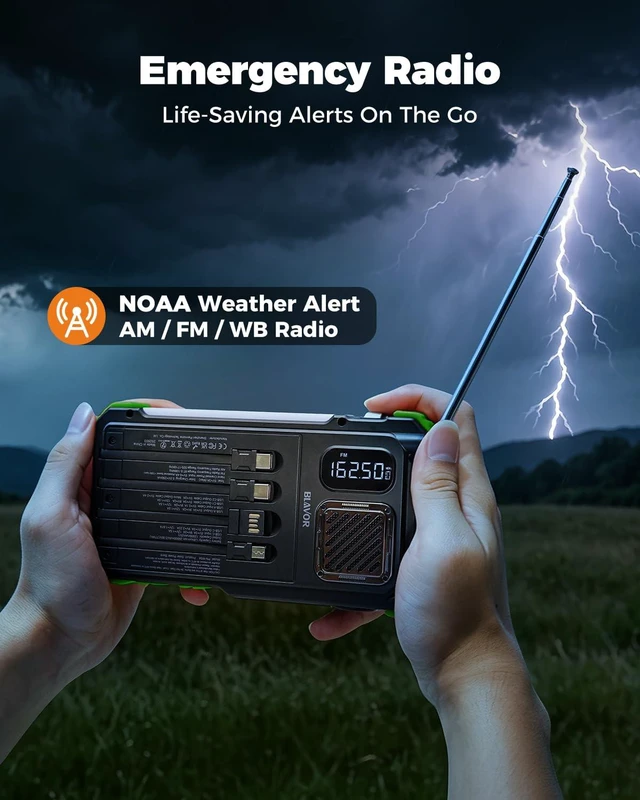 Alt view image 2 of 7 - Hand Crank Emergency Radio, NOAA Weather Radio AM/FM, Solar Powered 20000mAh Solar Power Bank, Built-in 4 Cables, Flashlight, Bluetooth Speaker, SOS Alarm for Hurricane, Camping, Home, Outdoor