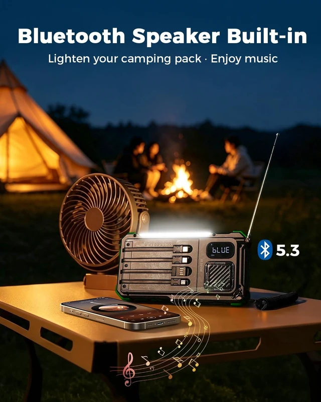 Alt view image 4 of 7 - Hand Crank Emergency Radio, NOAA Weather Radio AM/FM, Solar Powered 20000mAh Solar Power Bank, Built-in 4 Cables, Flashlight, Bluetooth Speaker, SOS Alarm for Hurricane, Camping, Home, Outdoor