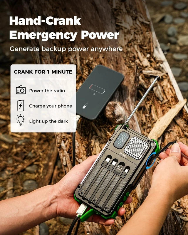 Alt view image 3 of 7 - Hand Crank Emergency Radio, NOAA Weather Radio AM/FM, Solar Powered 20000mAh Solar Power Bank, Built-in 4 Cables, Flashlight, Bluetooth Speaker, SOS Alarm for Hurricane, Camping, Home, Outdoor