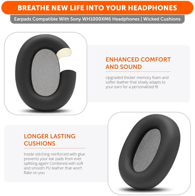 Alt view image 4 of 7 - PadZ XM6 - Premium Replacement Earpads for Sony WH-1000XM6 Made by Wicked Cushions Enhanced Comfort, Durable PU Leather & Sound Isolation Black