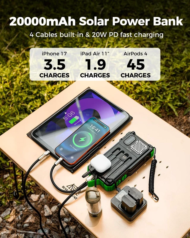 Alt view image 5 of 7 - Hand Crank Emergency Radio, NOAA Weather Radio AM/FM, Solar Powered 20000mAh Solar Power Bank, Built-in 4 Cables, Flashlight, Bluetooth Speaker, SOS Alarm for Hurricane, Camping, Home, Outdoor