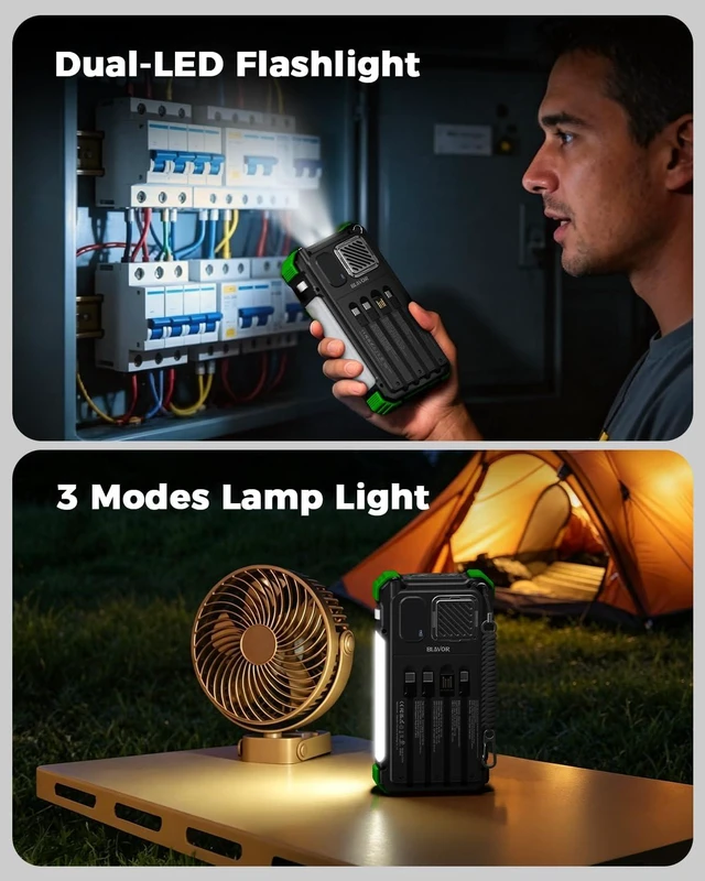 Alt view image 7 of 7 - Hand Crank Emergency Radio, NOAA Weather Radio AM/FM, Solar Powered 20000mAh Solar Power Bank, Built-in 4 Cables, Flashlight, Bluetooth Speaker, SOS Alarm for Hurricane, Camping, Home, Outdoor
