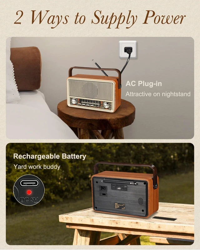 Alt view image 3 of 6 - J-120 Radio Portable AM FM Plug in Wall&Rechargeable Battery Gifts Support AUX/TF Card/USB Playing Portable Transistor Radio,Retro Vintage Bluetooth Speaker for Home Outdoor Emergency,Gift