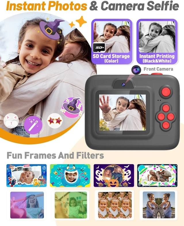 Alt view image 4 of 6 - Kids Camera Instant Print, Dual-Lens Selfie Camera for Kids, Black Christmas Birthday Gifts Toys for 3-12 Year Old Boys Girls, 2.4in Screen 1080P Kid Digital Camera,Kids Camera Toy for 3-12