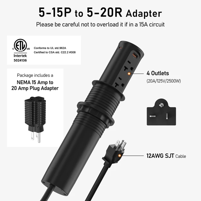 Alt view image 2 of 7 - 20A Pop Up Outlet for Countertop,Recessed Power Strip 2.5-Inch Hole,Tamper Resistant Receptacle,20W USB C,4 Outlets,Space Saver for Kitchen,Office Desk,12 AWG Extension Cord,ETL Listed (Black)