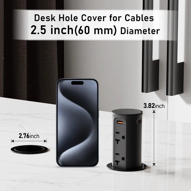 Alt view image 6 of 7 - 20A Pop Up Outlet for Countertop,Recessed Power Strip 2.5-Inch Hole,Tamper Resistant Receptacle,20W USB C,4 Outlets,Space Saver for Kitchen,Office Desk,12 AWG Extension Cord,ETL Listed (Black)