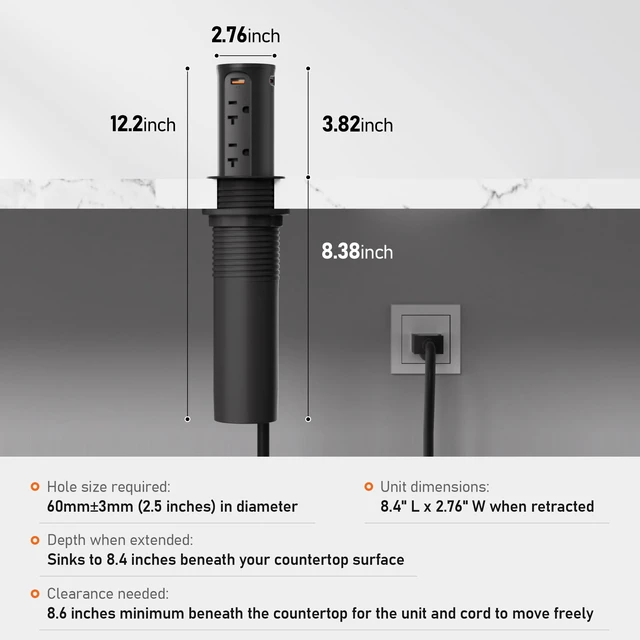 Alt view image 7 of 7 - 20A Pop Up Outlet for Countertop,Recessed Power Strip 2.5-Inch Hole,Tamper Resistant Receptacle,20W USB C,4 Outlets,Space Saver for Kitchen,Office Desk,12 AWG Extension Cord,ETL Listed (Black)