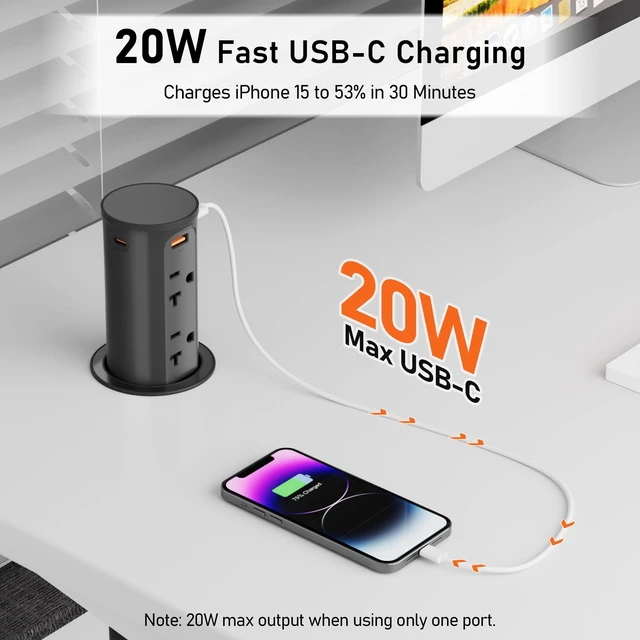 Alt view image 5 of 7 - 20A Pop Up Outlet for Countertop,Recessed Power Strip 2.5-Inch Hole,Tamper Resistant Receptacle,20W USB C,4 Outlets,Space Saver for Kitchen,Office Desk,12 AWG Extension Cord,ETL Listed (Black)