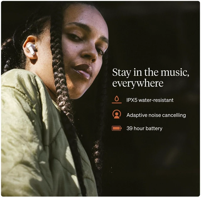 Alt view image 5 of 6 - Melomania A100 Earbuds - in Ear True Wireless Headphones with Adaptive Active Noise Cancelling, aptX Lossless Bluetooth, Up to 39 Hour Battery Life with Charging Case - White