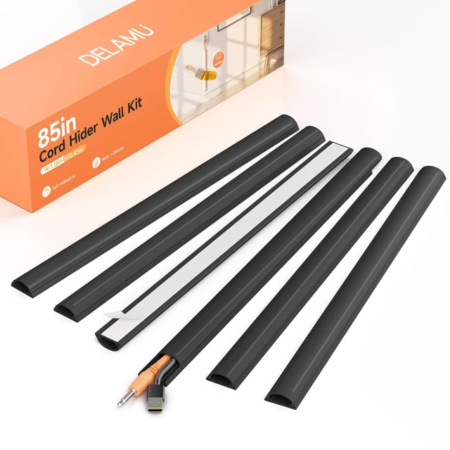 Main image of 85in Adhesive Cord Hider Wall, Mounted TV Cord Cover Kit, Multiple Cable Raceways for Wall Corner, Wire Cover Hiders for 1-2 Cables, 1.18" W X 0.43" H, Black