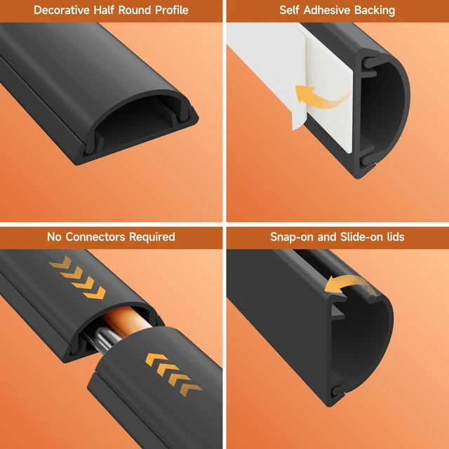 Alt view image 3 of 7 - 85in Adhesive Cord Hider Wall, Mounted TV Cord Cover Kit, Multiple Cable Raceways for Wall Corner, Wire Cover Hiders for 1-2 Cables, 1.18" W X 0.43" H, Black