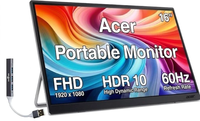 Main image of 16" Portable USB-C IPS Monitor w/ HDR10, Built-in Speakers, Mini HDMI 6ms Response Time, Anti-Glare, 220 nits Brightness, & Dockztorm USB Port Expander, Black/Silver Color