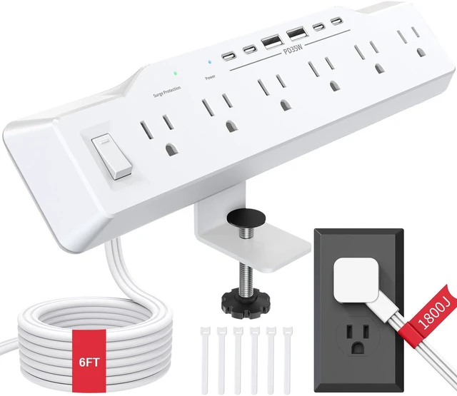 Main image of Desk Clamp Power Strip Surge Protector, 6 Outlets, Flat Plug, 1800J, 4 USB-C Ports (Any Port 35W), for Home & Office, Flame-Retardant PC-ABS Housing, Fits 1.96" Desk Edge, White