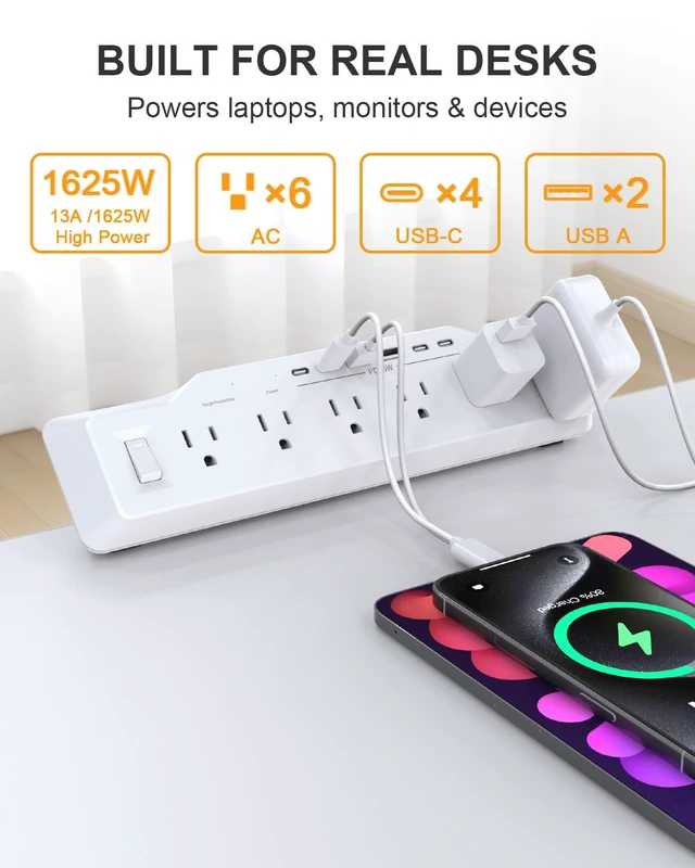Alt view image 2 of 7 - Desk Clamp Power Strip Surge Protector, 6 Outlets, Flat Plug, 1800J, 4 USB-C Ports (Any Port 35W), for Home & Office, Flame-Retardant PC-ABS Housing, Fits 1.96" Desk Edge, White