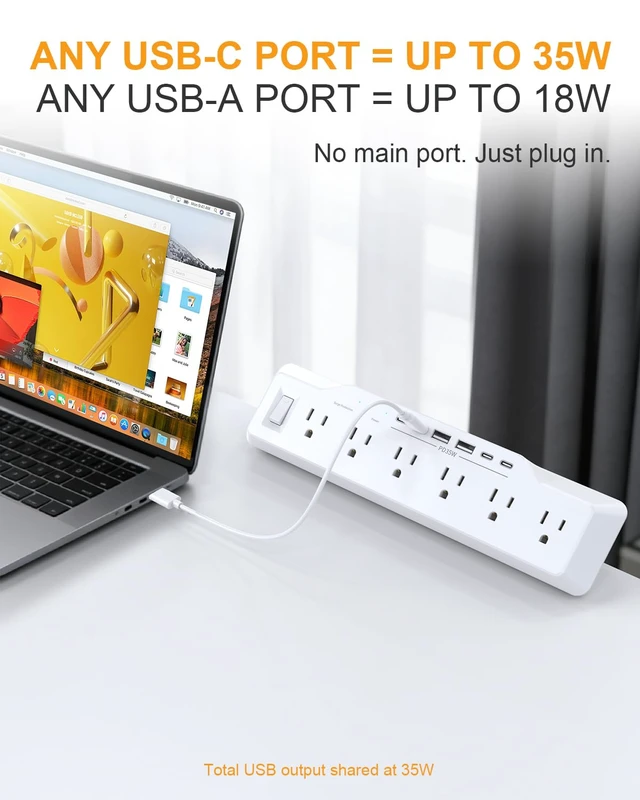 Alt view image 3 of 7 - Desk Clamp Power Strip Surge Protector, 6 Outlets, Flat Plug, 1800J, 4 USB-C Ports (Any Port 35W), for Home & Office, Flame-Retardant PC-ABS Housing, Fits 1.96" Desk Edge, White