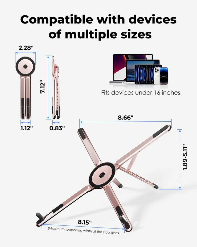 Alt view image 3 of 6 - Portable Laptop Stand for Desk, Foldable Adjustable Computer Riser with Magnetic Phone Holder, Aluminum Laptop Stand for 1016 Laptops & 413 Phones/Tablets (rs)