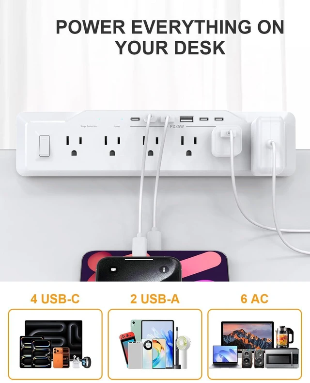 Alt view image 6 of 7 - Desk Clamp Power Strip Surge Protector, 6 Outlets, Flat Plug, 1800J, 4 USB-C Ports (Any Port 35W), for Home & Office, Flame-Retardant PC-ABS Housing, Fits 1.96" Desk Edge, White