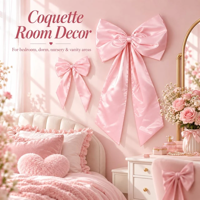 Alt view image 4 of 7 - Pink Bow Decor 2 Pack, Large Small Size Bow Wall Decor Coquette Pink Bow Backdrop For Girls Room, Two Size Bow Decorations For Birthday Bachelorette Bridal Shower Wedding Party