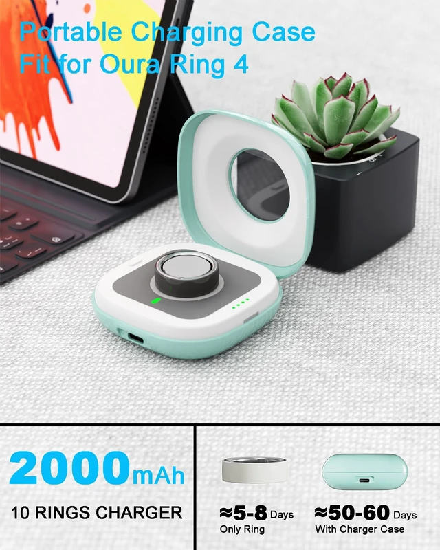Alt view image 2 of 7 - Portable Charging Case for Oura Ring Gen 4/5 Dock, 10 Charges, Green Pocket-Sized Travel Holder Case (Sizes 615), 1-Hour USB-C Recharge, Clear LED Window, Magnetic Snap-Lock Dock Excluded