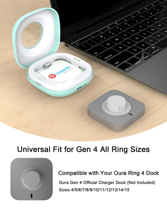 Alt view image 4 of 7 - Portable Charging Case for Oura Ring Gen 4/5 Dock, 10 Charges, Green Pocket-Sized Travel Holder Case (Sizes 615), 1-Hour USB-C Recharge, Clear LED Window, Magnetic Snap-Lock Dock Excluded