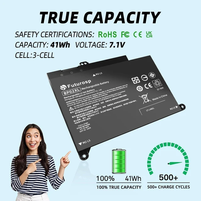 Alt view image 4 of 6 - BP02XL 849909-850 Laptop Battery Replacement for HP Pavilion 15T-AU100 15T-AU000 15-AU123CL 15-AU063CL 15-AU063NR 15-AU062NR 15-AU018WM 15-AU010WM 15-AU057CL 15-AU030WM 15-AW002LA 15-AW053NR