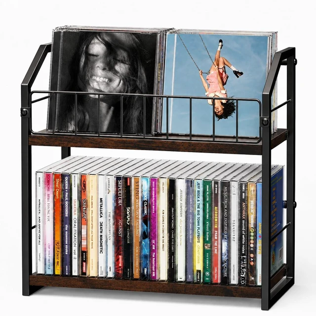 Main image of CD Storage Rack, 2 Tier CD holder with Display Shelf, Holds 60 Cases-Brown Versatile CD organizer works for DVD storage, books and other media items, keeping jewel cases neat and accessible
