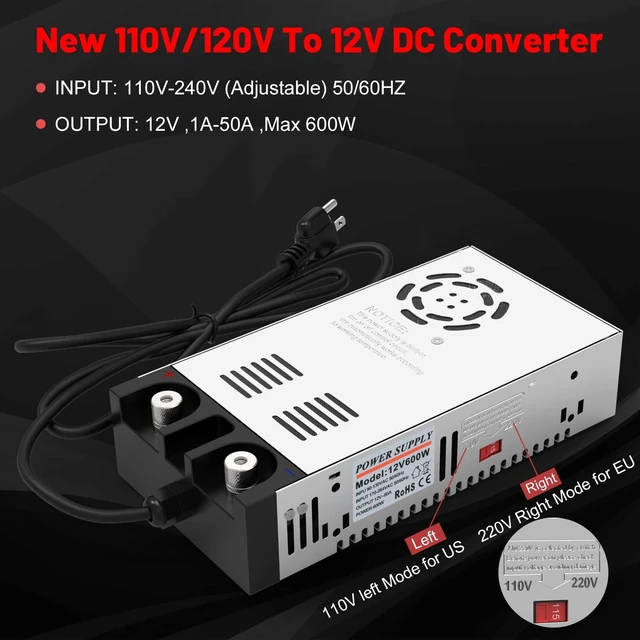 Alt view image 2 of 6 - 110V AC to 12V DC Converter Power Supply 12V DC Switch Transformer for LED Strip, LCD Monitor, CCTV, Radio,Car Stereo and Diesel Heater 50A 600W