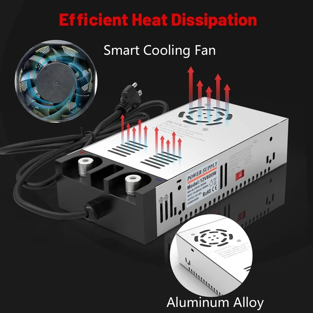 Alt view image 4 of 6 - 110V AC to 12V DC Converter Power Supply 12V DC Switch Transformer for LED Strip, LCD Monitor, CCTV, Radio,Car Stereo and Diesel Heater 50A 600W