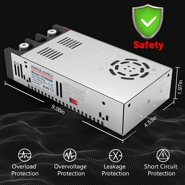 Alt view image 5 of 6 - 110V AC to 12V DC Converter Power Supply 12V DC Switch Transformer for LED Strip, LCD Monitor, CCTV, Radio,Car Stereo and Diesel Heater 50A 600W