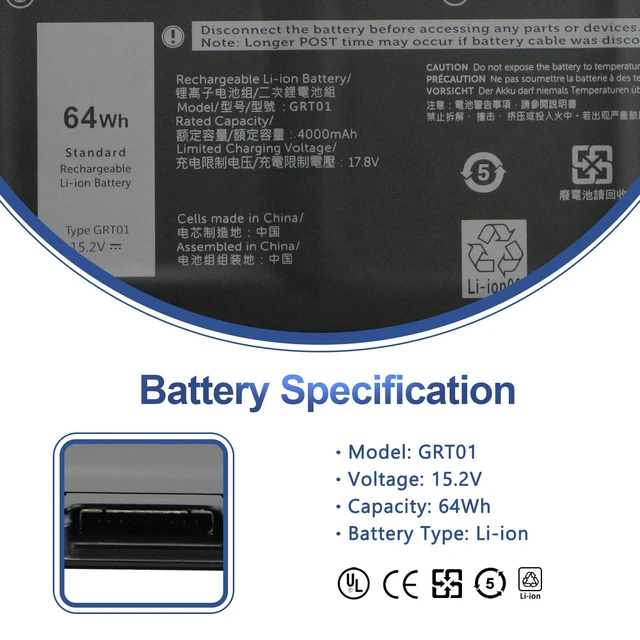 Alt view image 2 of 7 - GRT01 64Wh Laptop Battery for Dell Latitude 5421 5431 5521 5531 Precision 3470 3561 3571 3581 3591 Mobile Workstation Alienware M17 R5 AMD Gaming Battery 0P3TJ 0R05P0 05RGW 15.2V 4-Cell