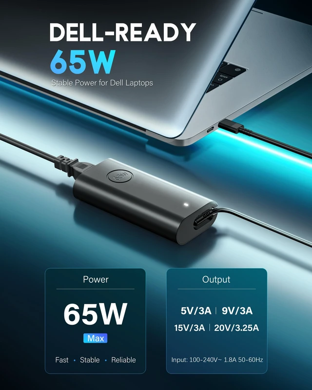 Alt view image 2 of 7 - Replacement for Dell Laptop Charger 65W Watt USB Type C AC Power Adapter for Latitude, Inspiron, XPS 13, Chromebook 2in1 laptops