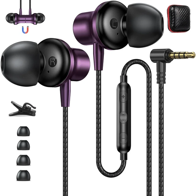 Main image of 3.5mm Headphones 5.9 ft Long Cord Wired Earbuds with Mic, Purple Noise Isolating Earphone HiFi Stereo Clear Call Volume Control Plug in 3.5mm Jack Wired Ear Buds for Laptop Chromebook PC