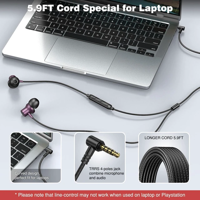 Alt view image 2 of 7 - 3.5mm Headphones 5.9 ft Long Cord Wired Earbuds with Mic, Purple Noise Isolating Earphone HiFi Stereo Clear Call Volume Control Plug in 3.5mm Jack Wired Ear Buds for Laptop Chromebook PC