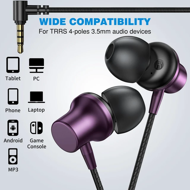 Alt view image 3 of 7 - 3.5mm Headphones 5.9 ft Long Cord Wired Earbuds with Mic, Purple Noise Isolating Earphone HiFi Stereo Clear Call Volume Control Plug in 3.5mm Jack Wired Ear Buds for Laptop Chromebook PC