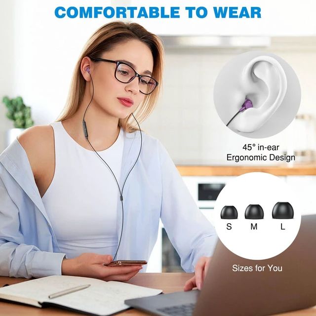 Alt view image 4 of 7 - 3.5mm Headphones 5.9 ft Long Cord Wired Earbuds with Mic, Purple Noise Isolating Earphone HiFi Stereo Clear Call Volume Control Plug in 3.5mm Jack Wired Ear Buds for Laptop Chromebook PC