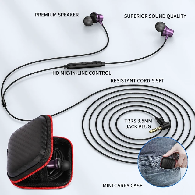 Alt view image 5 of 7 - 3.5mm Headphones 5.9 ft Long Cord Wired Earbuds with Mic, Purple Noise Isolating Earphone HiFi Stereo Clear Call Volume Control Plug in 3.5mm Jack Wired Ear Buds for Laptop Chromebook PC