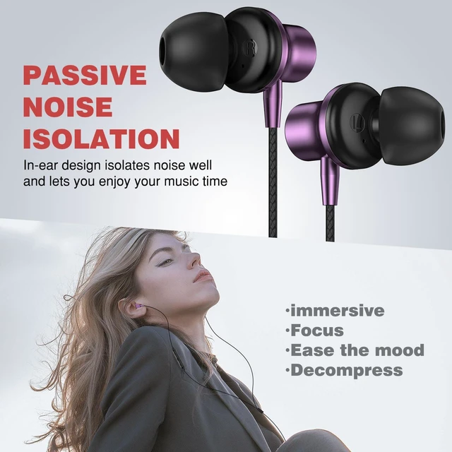 Alt view image 6 of 7 - 3.5mm Headphones 5.9 ft Long Cord Wired Earbuds with Mic, Purple Noise Isolating Earphone HiFi Stereo Clear Call Volume Control Plug in 3.5mm Jack Wired Ear Buds for Laptop Chromebook PC