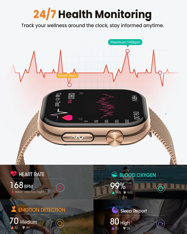 Alt view image 3 of 7 - Smart Watches for Men Women, Answer&Make Call, 24/7 Health Monitoring Watch 1.97" Fitness Tracking Smartwatches, Sleep Monitor, 140+ Sports Modes, IP68 Waterproof, Android/iPhone, Gold