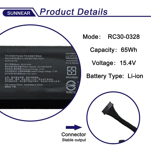 Alt view image 2 of 6 - 65Wh RC30-0328 RZ09-0328 Battery for Razer Blade 15 Base 2020/2021 15.4V 4221mAh Battery Replacement for Razer Blade RZ09-0328X RZ09-03287 RZ09-0369 RZ09-03287E22 RZ09-0410x RZ09-0330X