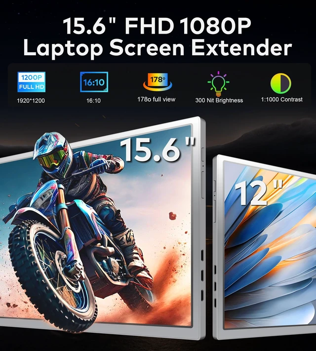Alt view image 2 of 7 - Laptop Screen Extender, 15.6" FHD 1080P IPS Portable Monitor for Laptop, Dual Monitor Extender for 13"-17.3" Laptops, Compatible with MacOS, Windows