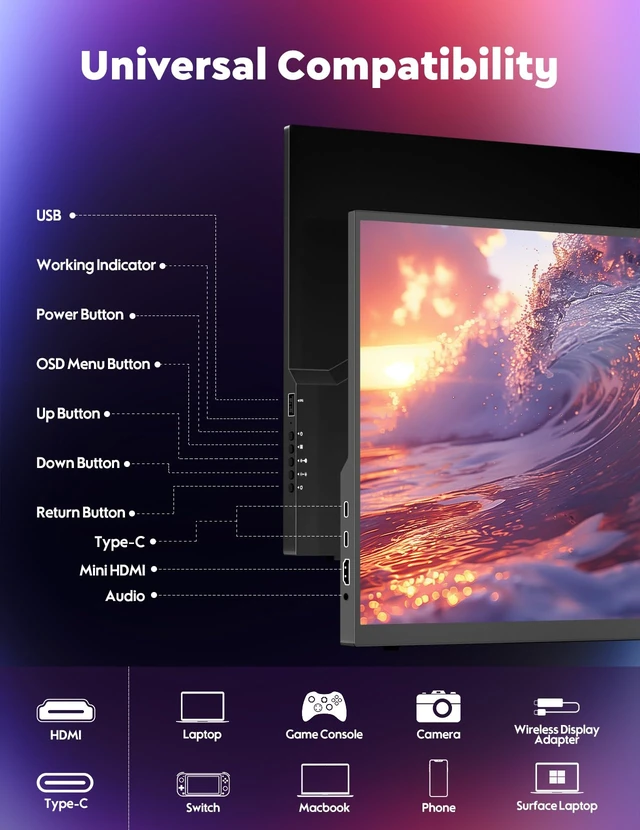 Alt view image 3 of 7 - Portable Screen, 18.5" 1080P 100Hz Extended Monitor, 1000:1 100% sRGB USB-C HDMI Portable Display for Laptop HDR Travel Screen with Speakers & Smart for PC PS5/4 Xbox Switch
