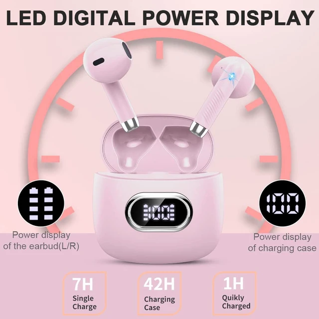 Alt view image 4 of 7 - Wireless Earbuds, Bluetooth Headphones, Stereo Bass Ear Buds with ENC Noise Cancelling Mics,42H Bluetooth Earbuds with LED Display Charging Case, IP7 Waterproof Earphones for Android iOS/Light pink