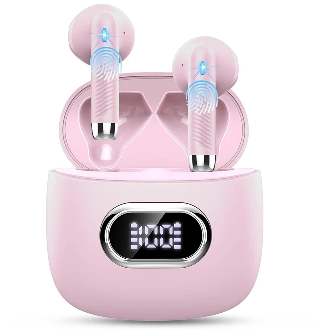 Main image of Wireless Earbuds, Bluetooth Headphones, Stereo Bass Ear Buds with ENC Noise Cancelling Mics,42H Bluetooth Earbuds with LED Display Charging Case, IP7 Waterproof Earphones for Android iOS/Light pink