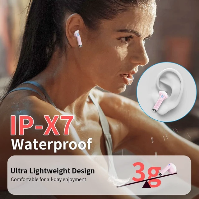 Alt view image 6 of 7 - Wireless Earbuds, Bluetooth Headphones, Stereo Bass Ear Buds with ENC Noise Cancelling Mics,42H Bluetooth Earbuds with LED Display Charging Case, IP7 Waterproof Earphones for Android iOS/Light pink