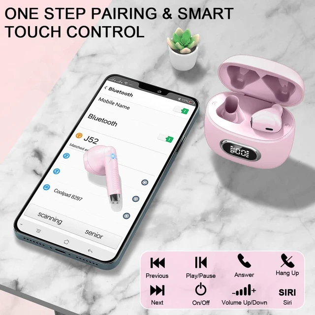 Alt view image 7 of 7 - Wireless Earbuds, Bluetooth Headphones, Stereo Bass Ear Buds with ENC Noise Cancelling Mics,42H Bluetooth Earbuds with LED Display Charging Case, IP7 Waterproof Earphones for Android iOS/Light pink