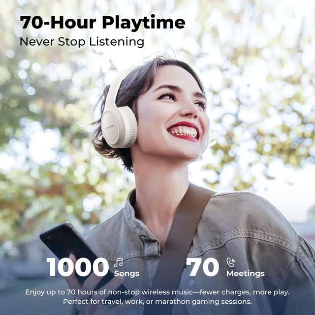 Alt view image 4 of 7 - Headphones Wireless Over Ear, 70 Hours Playtime Bluetooth Headphones Built-in Microphone, Foldable Lightweight Headset with Bluetooth 5.4, HiFi Stereo Sound for PC Cellphone Travel Office (Off-white)